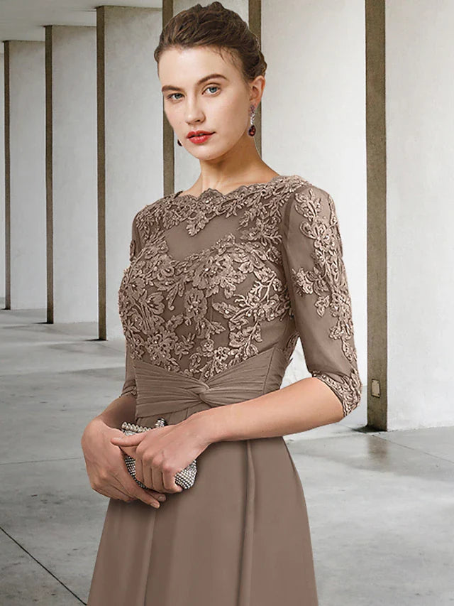Wholesale A-Line Mother of the Bride Dress Plus Size Elegant Jewel Neck Ankle Length Chiffon Lace Half Sleeve with Ruched Beading Appliques